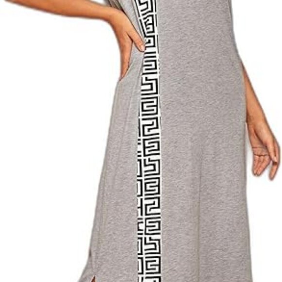 Striped Pocket Greek Print Side Slit Tee Dress - Picture 11 of 12